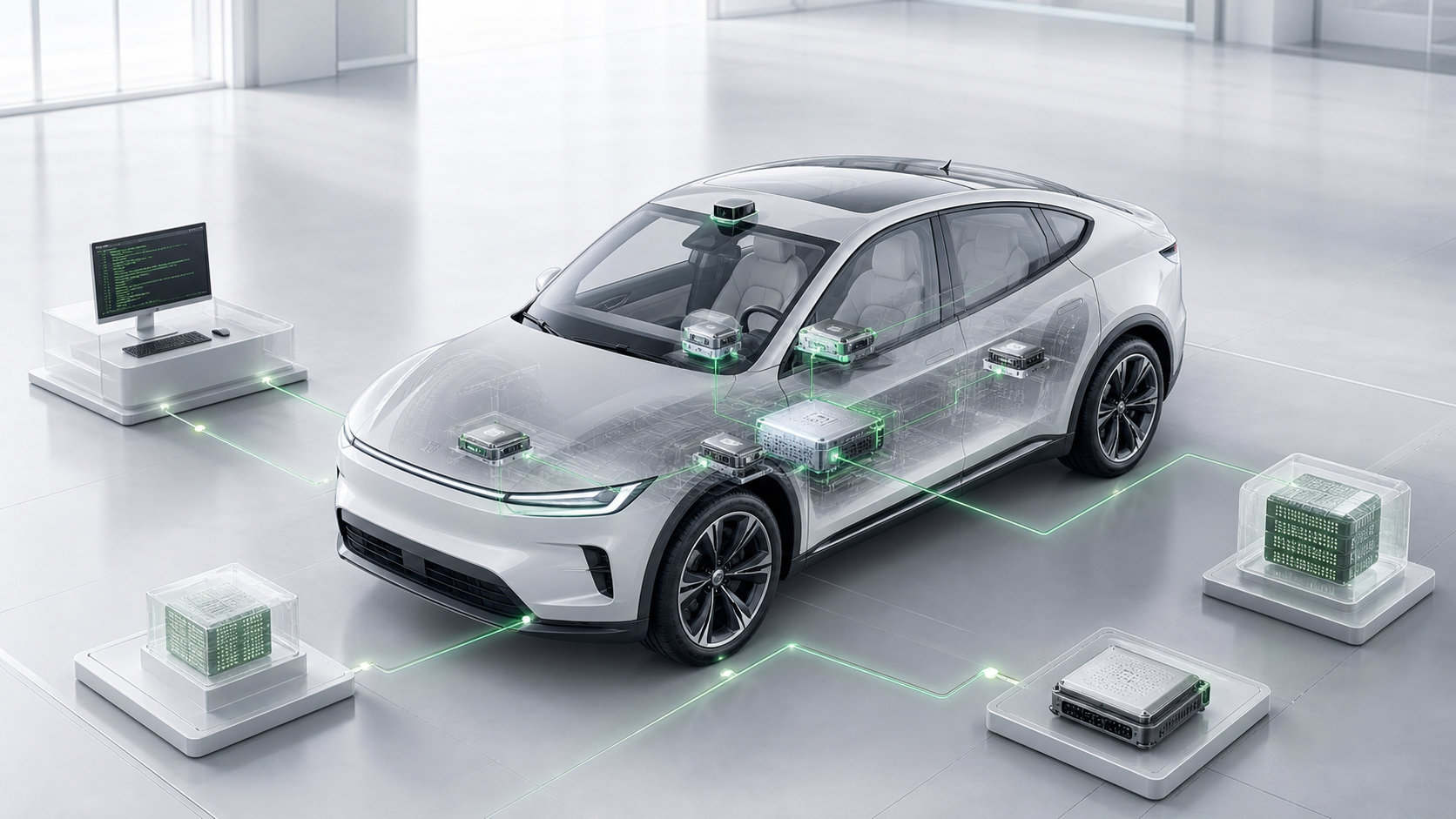 A silver cutaway vehicle reveals software units, with green scanning light and node connections illustrating code inspection.