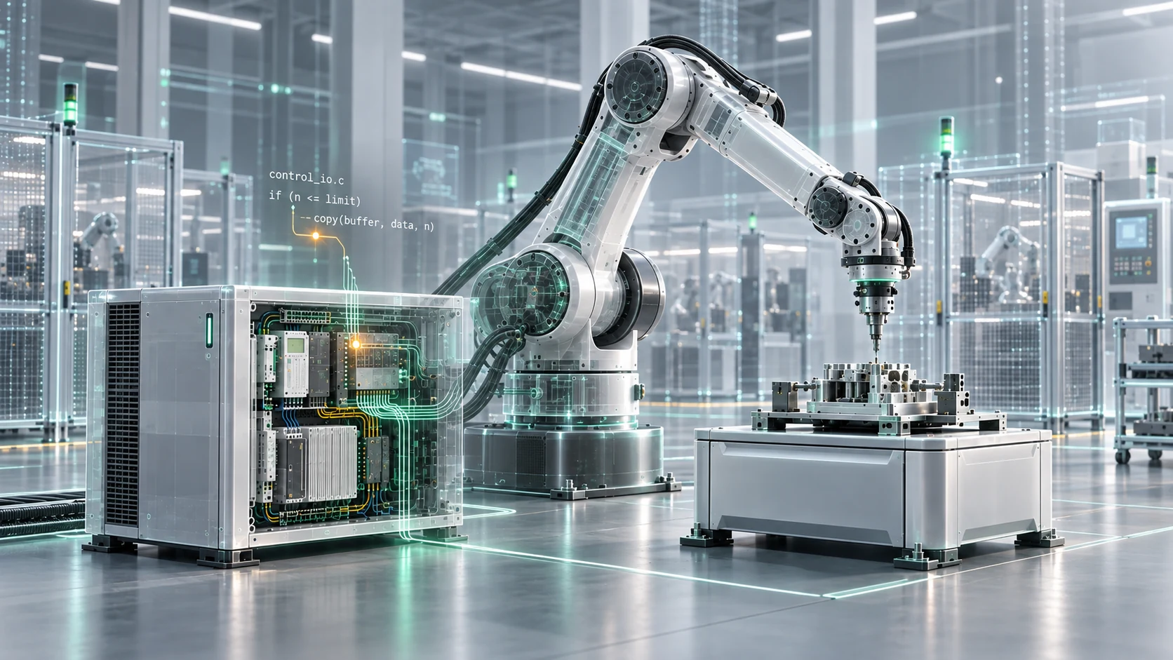 A robotic workcell and controller in a digital factory, with local software markers illustrating defect tracing during development.