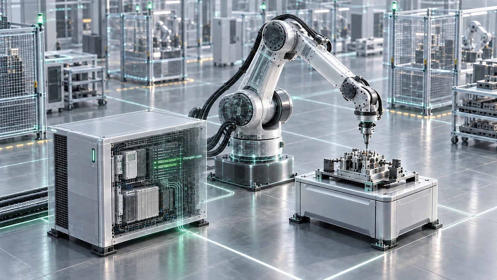 Changed code is highlighted inside a manufacturing device controller to illustrate the scope of incremental scanning.