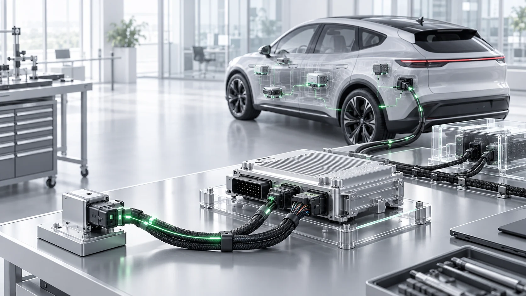 An automotive gateway and connected vehicle in a development test environment, with traces illustrating test inputs and responses.