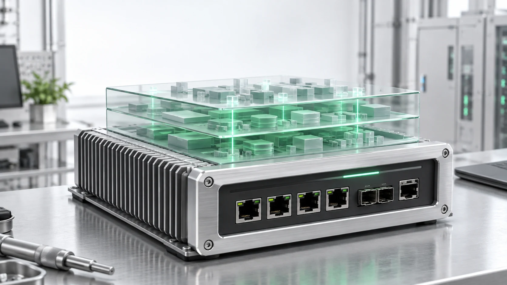 Software layers above a cutaway industrial communications gateway illustrate firmware composition.